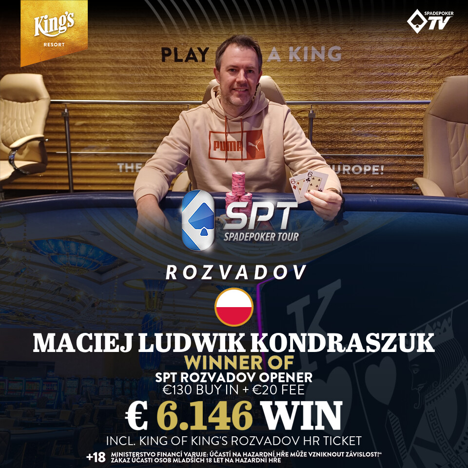 Spadepoker Tour Rozvadov odštartovala, prvým šampiónom Poliak Kondraszuk